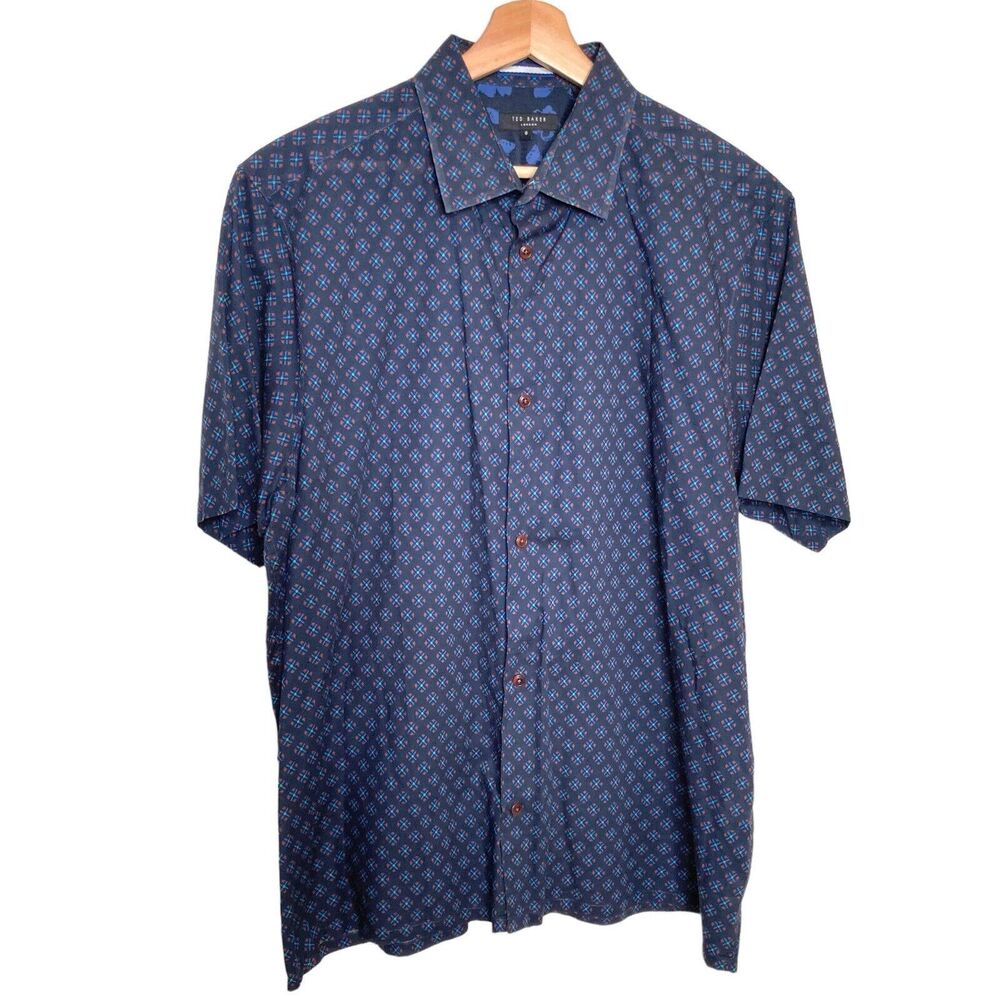 Ted Baker Mens All Over GEO Print Short Sleeve Button Up Shirt Size Large Blue